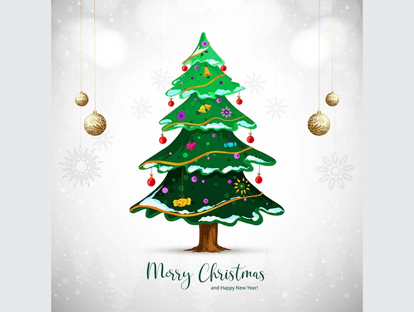 Merry christmas green tree card on white background